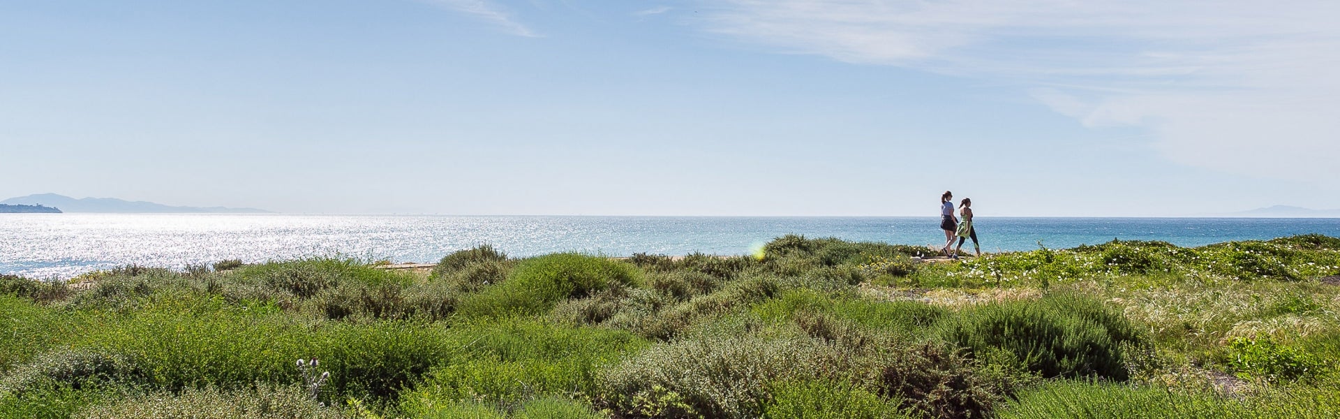 Two figures walking on a beach cliff path with green grass